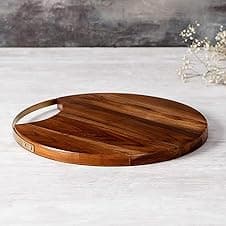 Nestroots Wooden Serving Tray with Golden Handle | 14 Inch Diameter Teak Wood Platter for Tea, Snacks, and Kitchen Decor