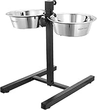 Amazon Basics Adjustable Double Diner for Food and Water for Dog & Cat | 1500 Ml x 2| with H-Base and Two Removable Stainless Steel Bowls | LxWxH - 44.9 Cm X 26.5 Cm X 42.5 Cm, Medium, Small