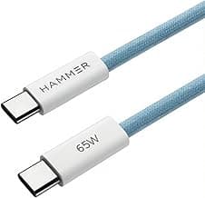 HAMMER Type C to Type C Cable 65W Braided, PD Fast Charging, Data Sync, 1.5 Meter Tangle Free Wire, Compatible with all C-Type Enabled Devices (Blue)