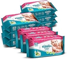 Amazon Brand - Supples Baby Wet Wipes | 648 Wipes | 72 Wipes x 9 Packs | Enriched With Aloe Vera and Vitamin E | Alcohol-free and Paraben-free | Pure Water-Based Formulation