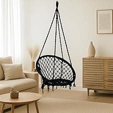 Patiofy Swing for Adults for Home/Swing for Adults/Jhula for Adults/Wooden Swing for Living Room/Swing for Balcony/Cotton Round Hammock Hanging Swing Chair Without Hanging Kit (Black)