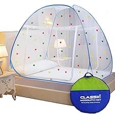 Classic Mosquito Net for Double Bed | Queen Size Foldable Machardani with 30 Pair of Stars | Polyester 30GSM Strong Net | PVC Coated Corrosion Resistant Steel Wire - Blue